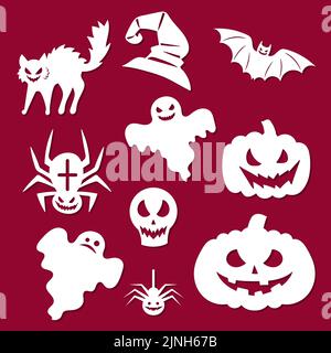 Halloween Silhouetten für dein Design. Schablone zum Laserschneiden. Set aus halloween Ausschnittelementen: spinnennetz, Kürbis, schwarze Katze, Mond, Hexe, hut, BA Stock Vektor