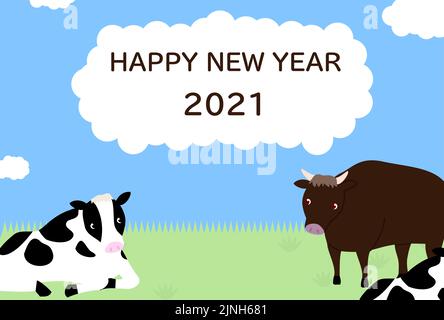 Holstein Kuh und japanische schwarze Neujahrskarte Illustration Stock Vektor