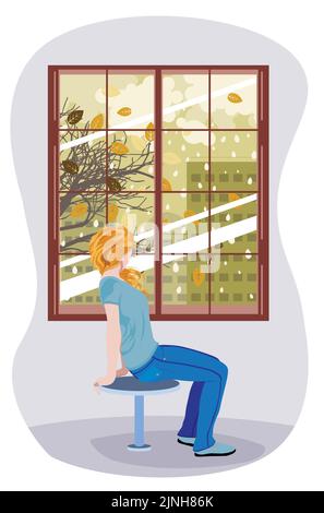 Blonde Mädchen sitzen auf einem Stuhl und Blick auf den Baum mit fallenden Blättern und Gebäuden hinter dem Fenster, regnerischen Herbst Tag Illustration. Stock Vektor