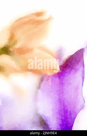 Blume Aquarell Malerei Nahaufnahme von gelben und lila Blumen. Stockfoto