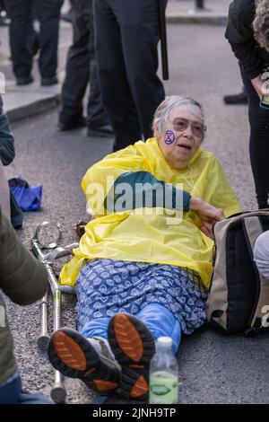 Extinction Rebellion (XR)-Aktivisten sprangen auf eine Schwarze Limousine und saßen auf dem Boden und klebten sich in Marble Arch Stockfoto