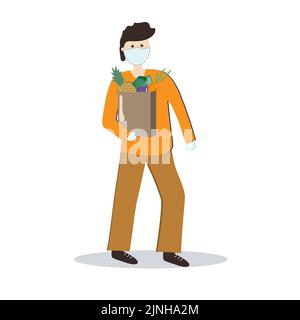 Ein Mann in einer medizinischen Maske und Handschuhen trägt eine Tüte Lebensmittel. Kontaktlose Lieferung. Vektorgrafik. Stock Vektor