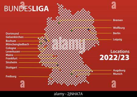 Karte von Städten in Deutschland mit Mannschaften die erste deutsche Fußballliga, die Bundesliga in der Saison 2022/23 mit englischen Stadtnamen. Vektordarstellung Stock Vektor