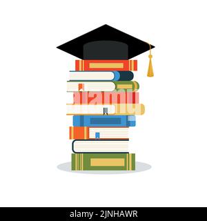 Abschlusskappe und Bücher. Das Konzept Bildung. Stapel von Büchern, Mütze, Hut. Vektor.eps 10 Stock Vektor