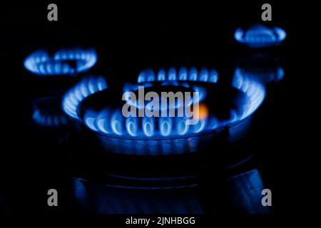 Berlin, Deutschland. 11. März 2022. Symbolisches Foto zum Thema steigende Gaskosten. Flammen in einem Gasherd. Berlin, 11. März 2022 Quelle: dpa/Alamy Live News Stockfoto