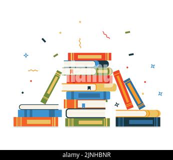 Paketstapel. Riesige Stapel von Büchern und Enzyklopädien, Bildung und Erfolg Konzept, Universitätsbibliothek, akademische und schulische Wissen flache Cartoon-Isolat Stock Vektor