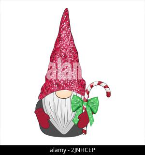Niedlicher weihnachtsknome mit Zuckerrohr. Stock Vektor