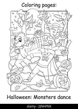 Niedlicher Vampir, Monster und Werwolf tanzen nachts im Wald. Halloween-Konzept. Zum ausmalen für Kinder. Vektorgrafik Cartoon-Illustration. Fotolia Stock Vektor