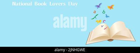 Offenes Buch und Briefe als Symbole für den National Book Lovers Day. Schönes Design für Grußkarte, Poster, Magazinseite oder andere Zwecke für den Urlaub. Stock Vektor