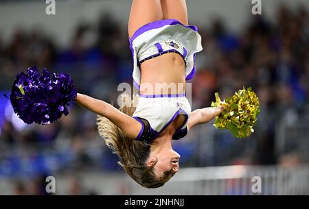 Baltimore, Usa. 11. August 2022. Ein Cheerleader der Baltimore Ravens tritt während der ersten Hälfte eines Vorsaison-Spiels der NFL im M&T Bank Stadium in Baltimore, Maryland, am Donnerstag, den 11. August 2022, auf. Foto von David Tulis/UPI Credit: UPI/Alamy Live News Stockfoto