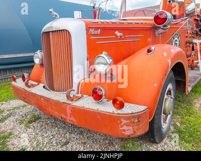 Antiker Feuerwehrwagen der Chelsea Fire Department Mark auf der Connors Farm in Danvers, Massachusetts, USA. Stockfoto