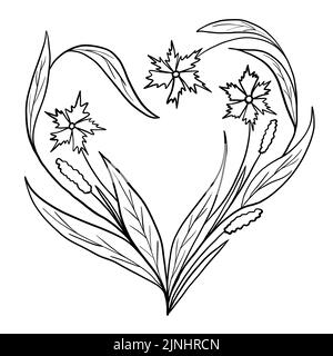 Handgezeichnet floral Blume Blätter Herz Illustration, schwarz weiß elegante Hochzeit Ornament, Line Art Minimalismus Tatoo Stil Design Sommer Frühling Natur Zweig Laub Blüte Stockfoto