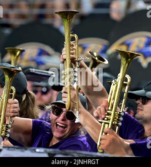 Baltimore, Usa. 11. August 2022. Die Baltimore Marching Ravens feiern am Donnerstag, den 11. August 2022, während eines Vorsaison-Spiels gegen die Tennessee Titans im M&T Bank Stadium in Baltimore, Maryland. Baltimore besiegte Tennessee 23-10. Foto von David Tulis/UPI Credit: UPI/Alamy Live News Stockfoto