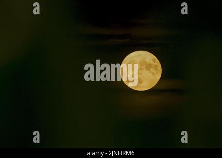 Dyersville, Usa. 11. August 2022. Der Vollmond steigt am Donnerstag, den 11. August 2022, auf dem Feld der Träume in Dyersville, Iowa, über dem Mais auf. Foto von Mark Black/UPI Credit: UPI/Alamy Live News Stockfoto