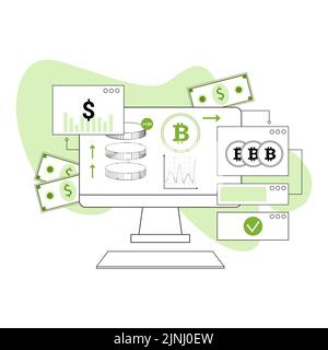Desktop-Display mit Infografiken und Münzen Bitcoin-Dollar-Scheine Krypto-Währungstransaktionen Stock Vektor