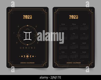 Sternzeichen zwillinge Kalender 2023. Taschenformat. Vorder- und Rückseite. Die Woche beginnt am sonntag. Astrologische Vektorvorlage zum Drucken bereit. Vertikales Layout in Stock Vektor
