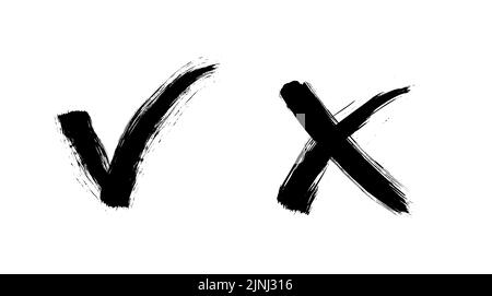 Pinsel lackiert ja und keine Häkchen. Schwarz-Weiß-Karabotafeln und Kreuzschilder. Symbole zur Genehmigung und Ablehnung gezeichneter Stimmen. X- und V-Embleme. Stock Vektor