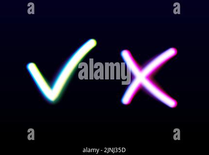 Neon leuchtet ja und keine Checkmarks. Glänzende Check- und Kreuzschilder. Stimmen Sie die leuchtenden Symbole ab, und lehnen Sie sie ab. X- und V-Embleme. Stock Vektor