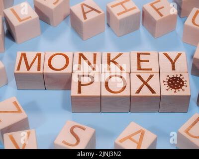 Pandemie oder endemisches Konzept als MONKEYPOX-Inschrift auf Holzwürfeln Stockfoto