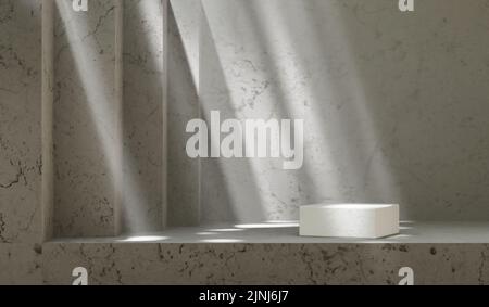 Steinwürfelsockel auf luxuriöser Marmorplattform mit Licht und Schatten. Produktplatzierung Mockup-Szene für Beauty-, Kosmetik-, Spa- und Modemarke. Neutr Stockfoto