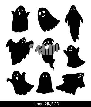 Halloween Geister handgezeichnete Cartoon-Set. Geister Silhouetten fliegen auf weißem Hintergrund. Stock Vektor