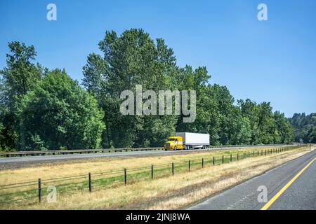 Industrieller gelber großer LKW-LKW mit niedrigem Fahrerhausprofil und Schlafraum, der kommerzielle Ladung in einem trockenen Transporter transportiert, der Sattelauflieger läuft Stockfoto