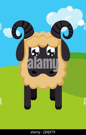 Geometrische stilisierte RAM in Cartoon bunte Tal Haustier. Vektorgrafik im Farmstil für Ikone, Stempel, Etikett, Abzeichen, Aufkleber oder Geschenkkarte Stock Vektor