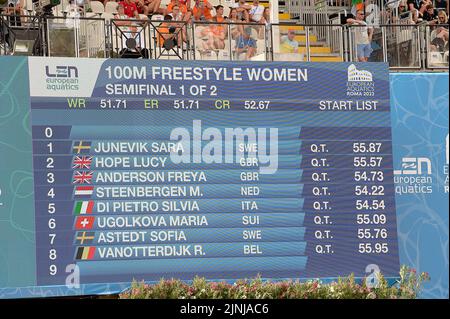 Roma, Italien. 11.. August 2022. Während der Schwimmeuropameisterschaften, Roma, Italien, im Stadio del Nuoto, Roma 11. August 2022 (Foto von AllShotLive/Sipa USA) Quelle: SIPA USA/Alamy Live News Stockfoto