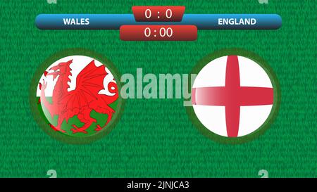Ankündigung des Spiels zwischen Wales und England im Rahmen des internationalen Fußballturniers in Katar 2022. Gruppieren Sie Eine Übereinstimmung. Vektorgrafiken Stock Vektor