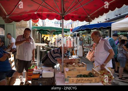 Ville d'Eymet, bastide-Stadt, in der Region Südwest-Dordogne, mit einem blühenden Marktplatz, am Ufer des Dropt River, Frankreich, Europa Stockfoto