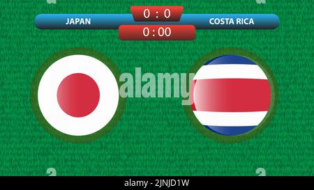 Vorlage für die Anzeigetafel Japan vs Costa Rica für das Fußballturnier 2022 in Katar. Gruppieren Sie Eine Übereinstimmung. Vektorgrafik. Sportvorlage. Stock Vektor