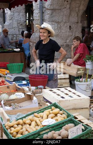 Ville d'Eymet, bastide-Stadt, in der Region Südwest-Dordogne, mit einem blühenden Marktplatz, am Ufer des Dropt River, Frankreich, Europa Stockfoto