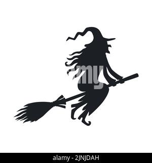 Halloween-Vorlage. Schwarze Silhouette einer Hexenfrau auf einem Besenstiel Stock Vektor