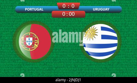 Vorlage für die Anzeigetafel Portugal gegen Uruguay für das Fußballturnier 2022 in Katar. Gruppieren Sie Eine Übereinstimmung. Vektorgrafik. Sportvorlage. Stock Vektor