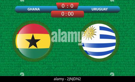 Vorlage für die Anzeigetafel Ghana vs Uruguay für das Fußballturnier 2022 in Katar. Gruppieren Sie Eine Übereinstimmung. Vektorgrafik. Sportvorlage. Stock Vektor