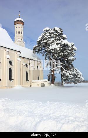 Die barocke Colomanskirche, St. Coloman, im Winter in tiefverschneiter Landschaft, nahe Schwangau, Östallgäu, Schwaben, Bayern, Deutschland / die BA Stockfoto