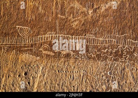 Petroglyphen am Tuffaufschluss, White River Narrows Archaeological District, Valley of Faces, Basin and Range National Monument, Nevada, USA Stockfoto