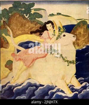 „Europa und Zeus“, veröffentlicht am 15,1931. März in der American Weekly, gemalt von Edmund Dulac für die Serie „Liebesgeschichten, an die die Alten glaubten“.