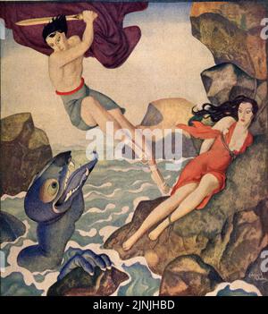 „Perseus and Andromeda“, veröffentlicht am 8.1931. Februar in der American Weekly Magazine, gemalt von Edmund Dulac für „Liebesgeschichten, an die die Ancients glaubten“.
