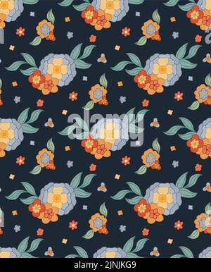 Vektor nahtlose Muster mit Bouquet von groovigen Blumen und Stielen auf dunkelblauem Hintergrund mit ditsy. Florale Struktur im Retro-Hippie-Stil. Natürlich Stock Vektor