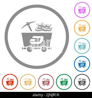 Dash Cryptocurrency Mining mit Schatzflachfarben-Symbolen in runden Umrissen auf weißem Hintergrund Stock Vektor