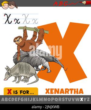 Pädagogische Karikatur Illustration des Buchstaben X aus Alphabet mit Xenartha Tiere Stock Vektor