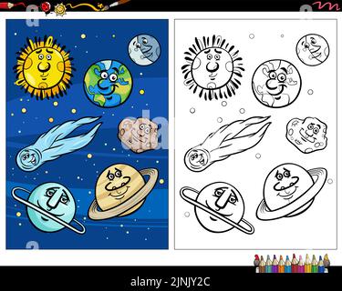 Cartoon-Illustration von lustigen Kugeln und Planeten Comic-Figuren im Raum Färbung Seite Stock Vektor