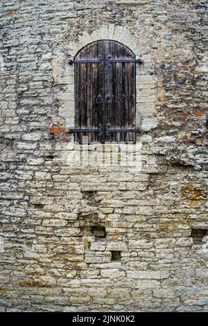 Mittelalterliche Holztür in Stein Burg Fassade. Stockfoto