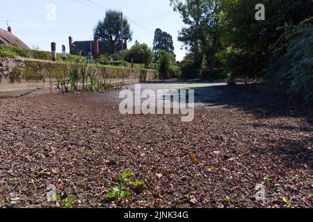 Forthampton, Gloucestershire August 12. 2022 - Gesprungener trockener Schlamm, der in einem Teich im kleinen historischen Weiler Forthampton in Gloucestershire, der von Trockenheit schwer getroffen wurde, leer ist. Quelle: SCOTT CM/Alamy Live News Stockfoto