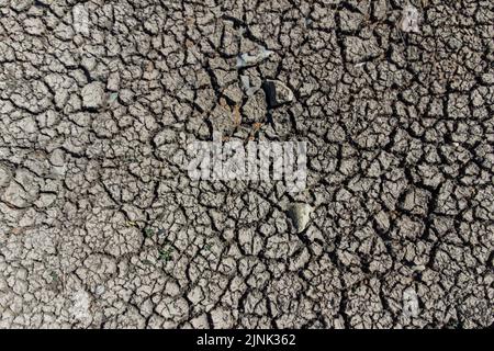 Forthampton, Gloucestershire August 12. 2022 - Gesprungener trockener Schlamm, der in einem Teich im kleinen historischen Weiler Forthampton in Gloucestershire, der von Trockenheit schwer getroffen wurde, leer ist. Quelle: SCOTT CM/Alamy Live News Stockfoto