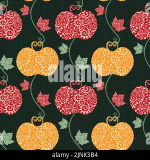 Elegante stilisierte Apfel und Blatt nahtlose Vektor-Muster Hintergrund.Vintage Schablone Stil rot orange Obstgarten Äpfel auf schwarzem Hintergrund.Herbsternte Stock Vektor