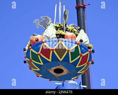 Stuttgart, Deutschland. 12. August 2022. Die Obstsäule, das Wahrzeichen des Cannstatter Wasen Volksfestes, wird nach einer zweijährigen Pause von Corona errichtet. Das Volksfest gilt nach der Münchner Wiesn als das zweitgrößte Festival seiner Art weltweit. Quelle: Bernd Weißbrod/dpa/Alamy Live News Stockfoto