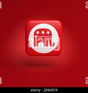 Logo der US-Republikanischen Partei auf einer Kachel, die über einem nahtlosen roten Hintergrund schwebt Stockfoto