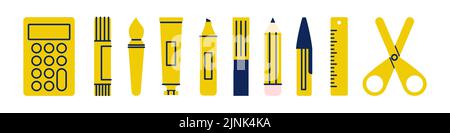 Geometrische Schule liefert Schreibwaren Icon Set. Zurück zur Schule. Horizontales Banner. Konzept der Bildung. Vektorgrafik, flaches Design Stock Vektor